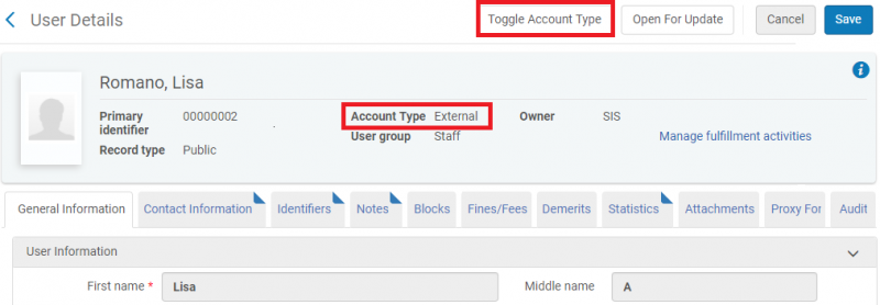 Screenshot shows example patron Lisa Romano's user record retrieved, with the Account Type indicator highlighted (it currently says "Account Type: External"), and the "Toggle Account Type" button also highlighted.