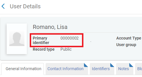 Screenshot of example user Lisa Romano's account, with the primary identifier highlighted.
