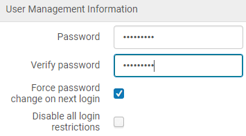 Screenshot shows the User Management Information section of the user's record, which contains the Password, Verity Password, Force password change on next login, and Disable all login restrictions options mentioned in the bullet points below. 