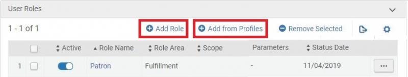 Screenshot shows the user's "User Roles" section, with the "Add Role" and 'Add from Profiles" buttons highlighted.