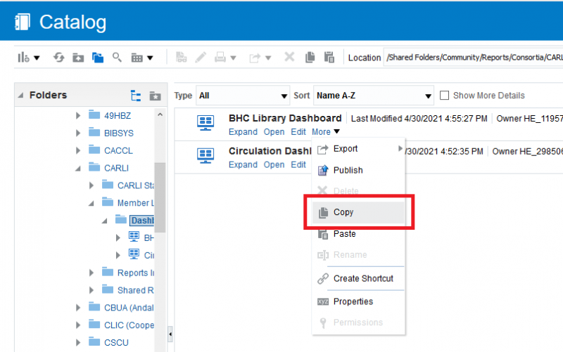 This screenshot shows the "BHC Library Dashboard" being copie using the options from the "More" drop-down menu.