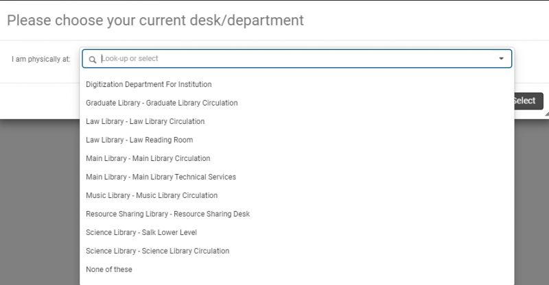 An image of the "please choose your current desk/department" box with the drop-down menu open
