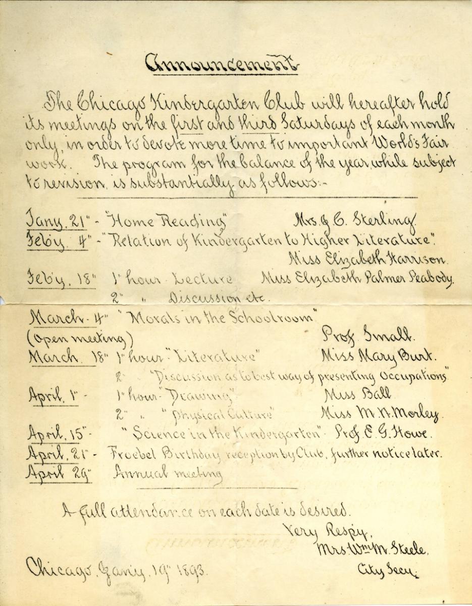 Chicago Kindergarten Club Announcement, 1893. National Louis University Archives and Special Collections