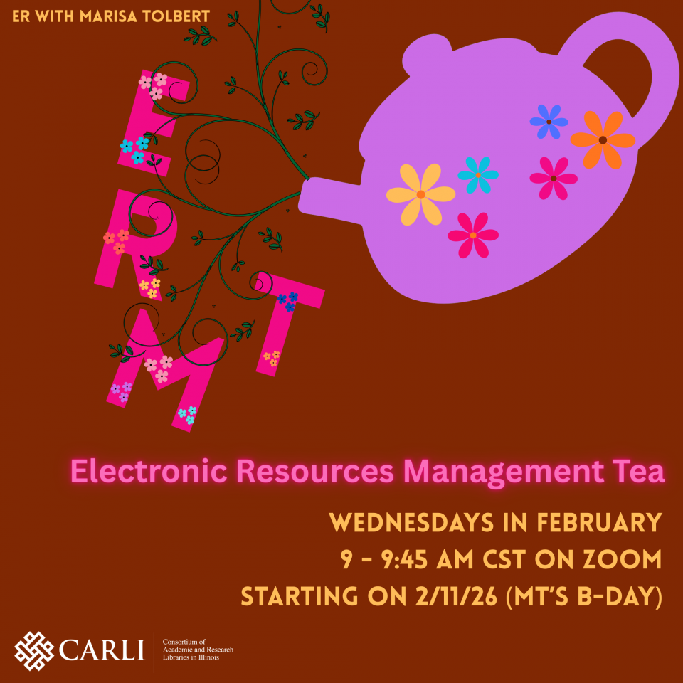 A brown background with white, yellow, and pink text. A purple teapot is in the upper right corner tipped forward with curly tendrils of vines pouring out. The letters E, R, M, and T hang from the tendrils adorned in flowers.