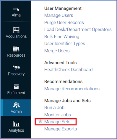 Admin menu, Manage Sets selected screen capture