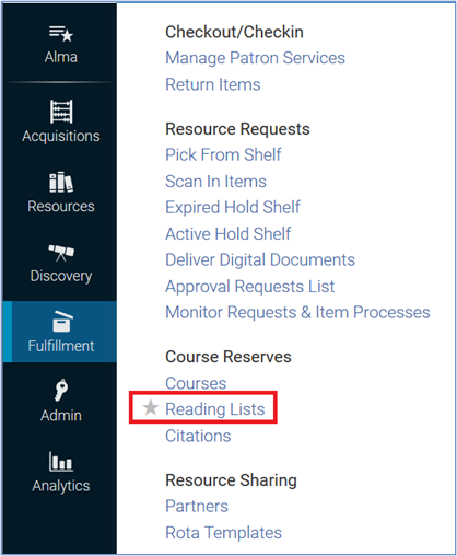 Fulfillment menu screen capture with Reading Lists selected