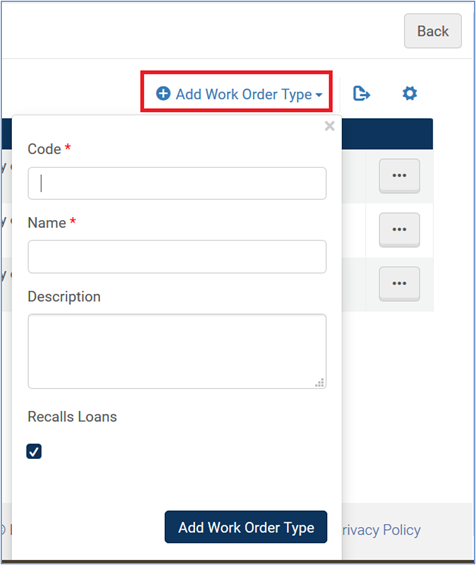 The Add Work Order Type form screen capture