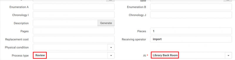 Work order type and department selected in the item record screen capture