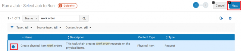 Select Job: Create Physical Item Work Orders selected screen capture