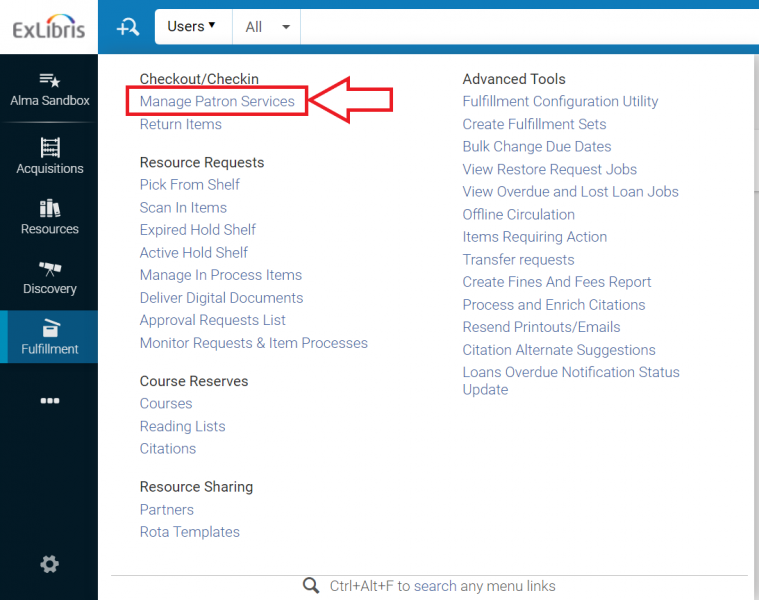 The side menu bar of the main Alma screen with a view of the Fulfillment menu and Manage Patron Services highlighted