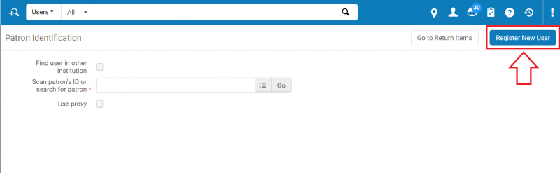 The Patron Identification screen with the Register New User button highlighted