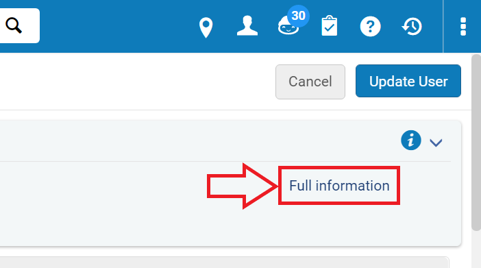 A section of the Quick User Management screen with the words Full information highlighted