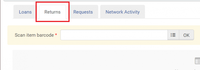 A section of the Patron Services screen with the Returns tab highlighted