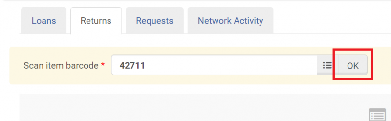A section of the Patron Services screen with the Returns tab engaged, a barcode entered, and the OK button highlighted