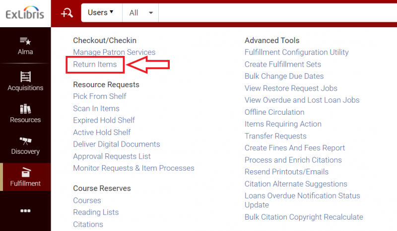 A section of the main Alma screen with the Fulfillment menu deployed and Return Items highlighted