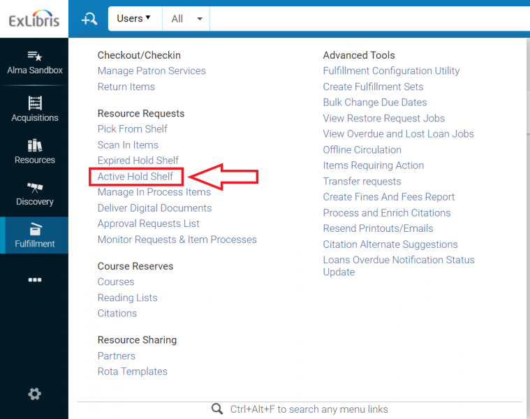 The main Alma screen with the Fulfillment menu deployed and Active Hold Shelf highlighted