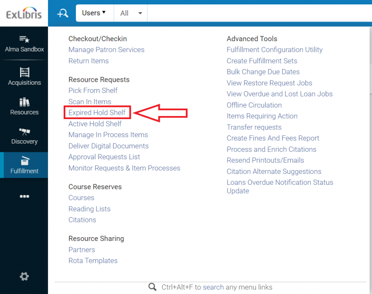 The main Alma screen with the Fulfillment menu deployed and Expired Hold Shelf highlighted