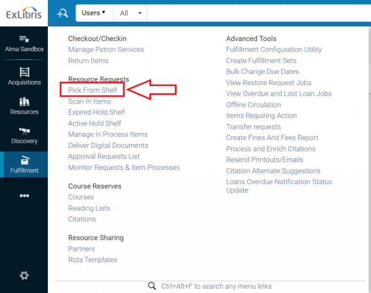 The Fulfillment menu with Pick From Shelf highlighted