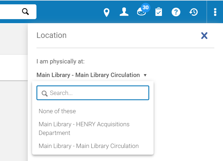 An image of a portion of the main Alma screen with the location drop downs deployed
