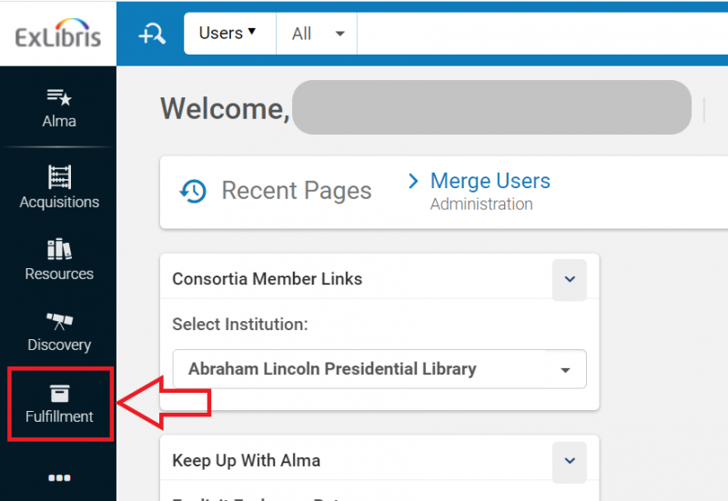 Side navigation bar on the the main Alma screen with Fulfillment highlighted