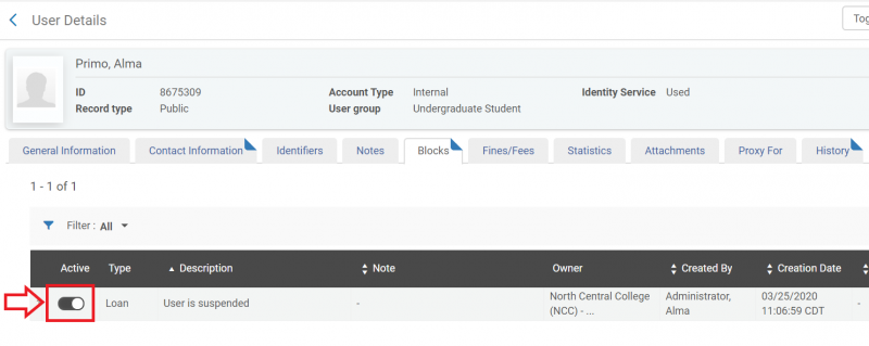 An image of the User Details slash Blocks screen with the active toggle highlighted
