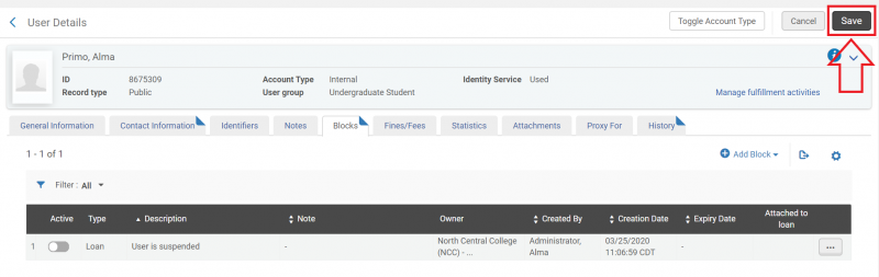An image of the User Details slash Blocks screen with the Save button highlighted