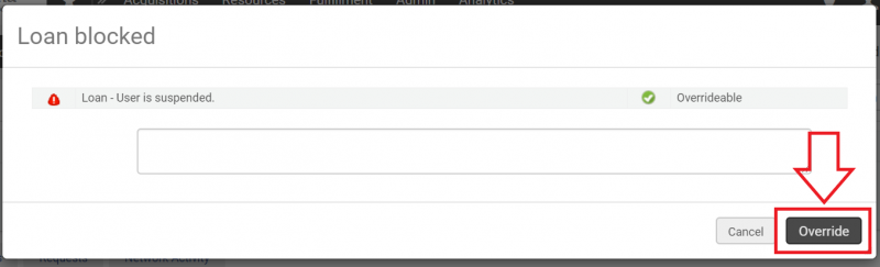 The Loan blocked screen with the Override button highlighted