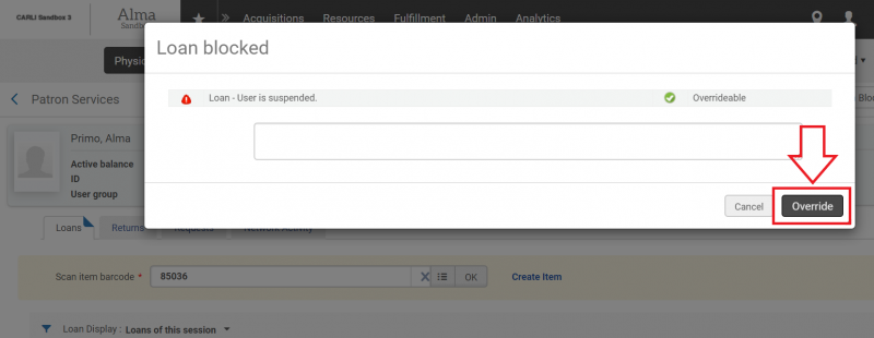 An image of the Loan blocked screen with the Override button highlighted