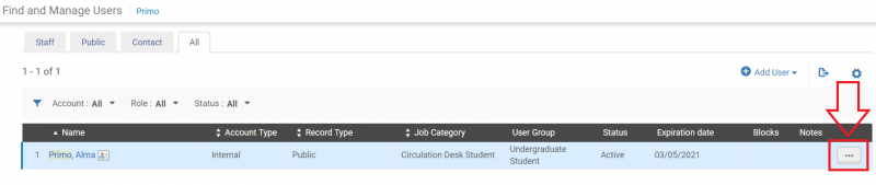 An image of the Find and Manage Users screen, with the ellipsis highlighted