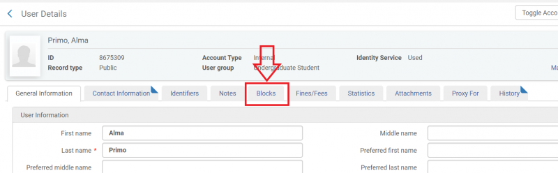 An image of the User Details screen with the Blocks tab highlighted