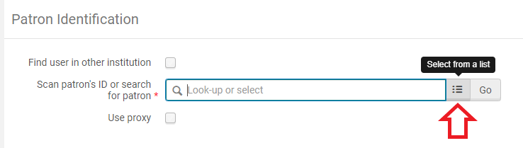 An image of the Patron Identification screen with the list icon of the "Scan patron's ID or search for patron" bar highlighted