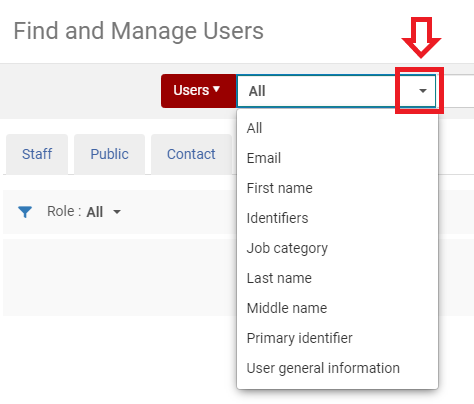 An image of the Find and Manage Users screen with the All drop-down arrow highlighted and the menu deployed