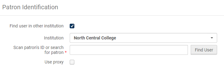 An image of the Patron Identification screen with "Find user in other institution" checked and an institution selected