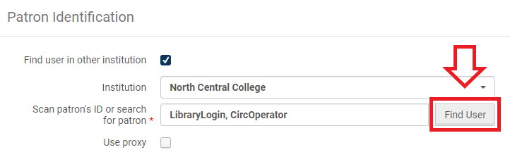 An image of the Patron Identification screen with the "Find user in other institution" box checked, an institution selected, a patron's name entered, and the "Find User" button highlighted