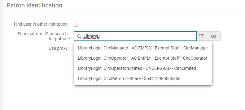 An image of the Patron Identification screen with a partial patron name entered into the search box and a drop-down list of options deployed