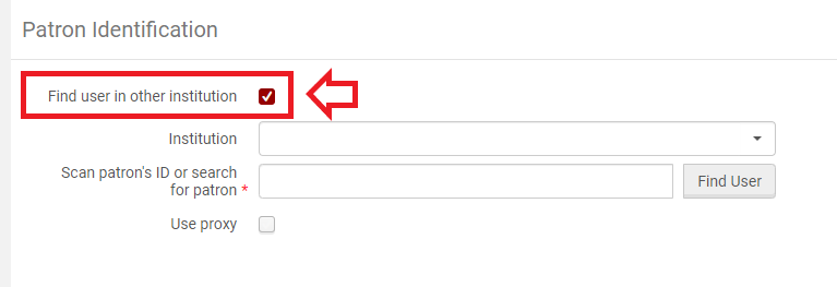 An image of the Patron Identification screen with the "Find user in other institution" box checked and highlighted