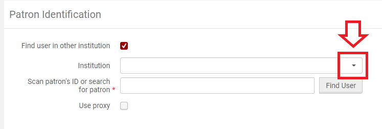 An image of the Patron Identification screen with the "Find user in other institution" box checked and the drop-down arrow in the Institution bar highlighted