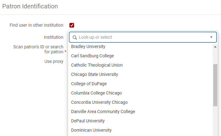 An image of the Patron Identification screen with the "Find user in other institution" box checked and the Institution drop-down menu deployed