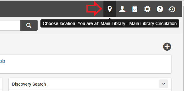 An image of the upper right side of the main Alma screen with the location icon highlighted
