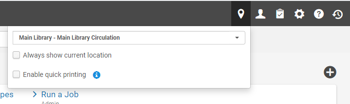 An image of a portion of the main Alma screen with the location drop-down menu displayed