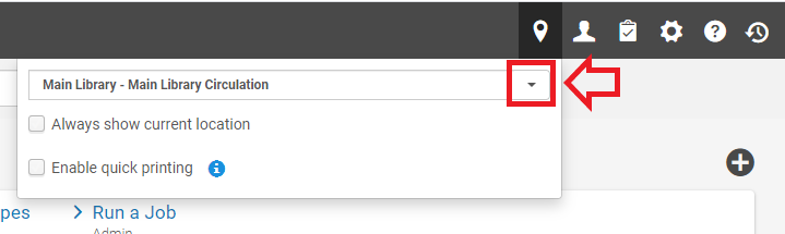 An image of a portion of the Alma screen with the drop-down menu displayed and the drop-down arrow highlighted