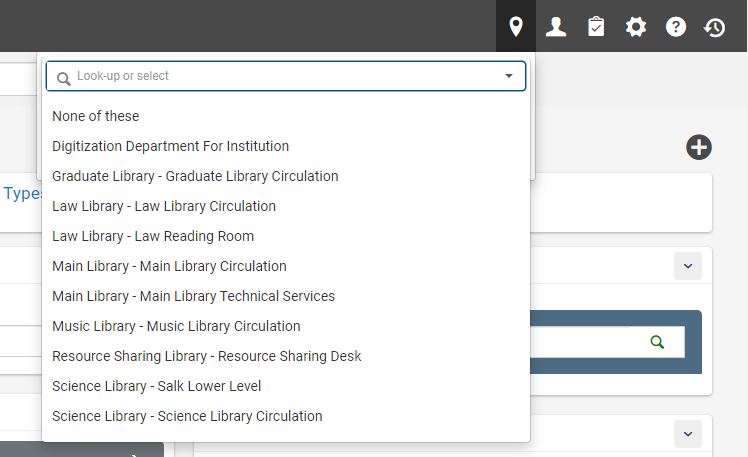 An image of a portion of the main Alma screen with the location drop downs deployed