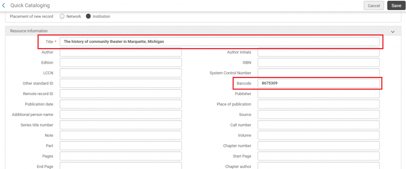 An image of the top half of the Quick Cataloging screen with the Title and Barcode fields highlighted