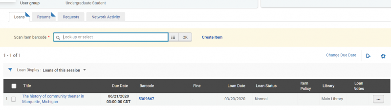 An image of the Loans screen showing an item on loan to the patron