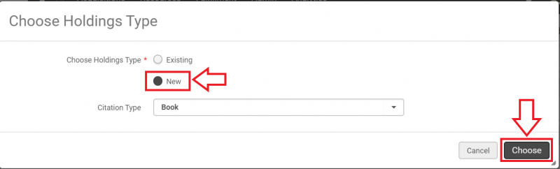 An image of the Choose Holdings Type screen with the New option and the Choose button highlighted