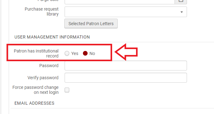 An image of the "User Management Information" section with "Patron has institutional record" highlighted