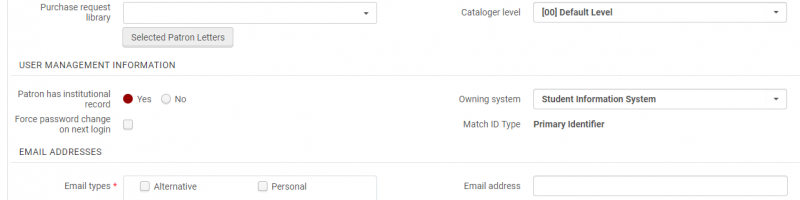 An image of the "User Management Information" section after the "Patron has institutional record" has been set to "Yes"