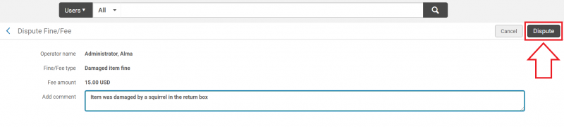 An image of the dispute fine slash fee screen with the dispute button highlighted