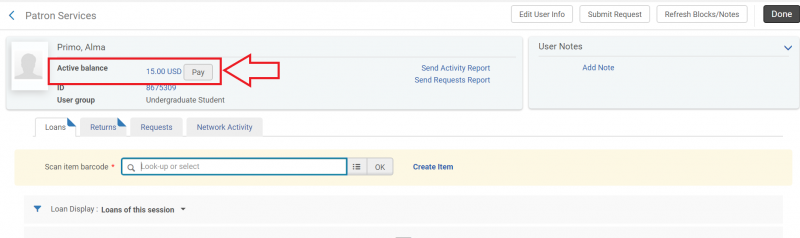 An image of the Patron Services screen with the "Active balance" section highlighted