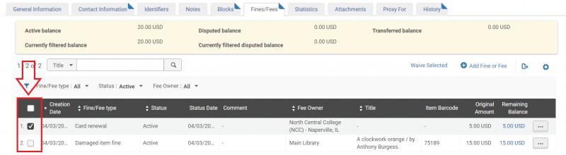 An image of the Fines slash Fees tab of the User Details screen with the item select checkboxes highlighted